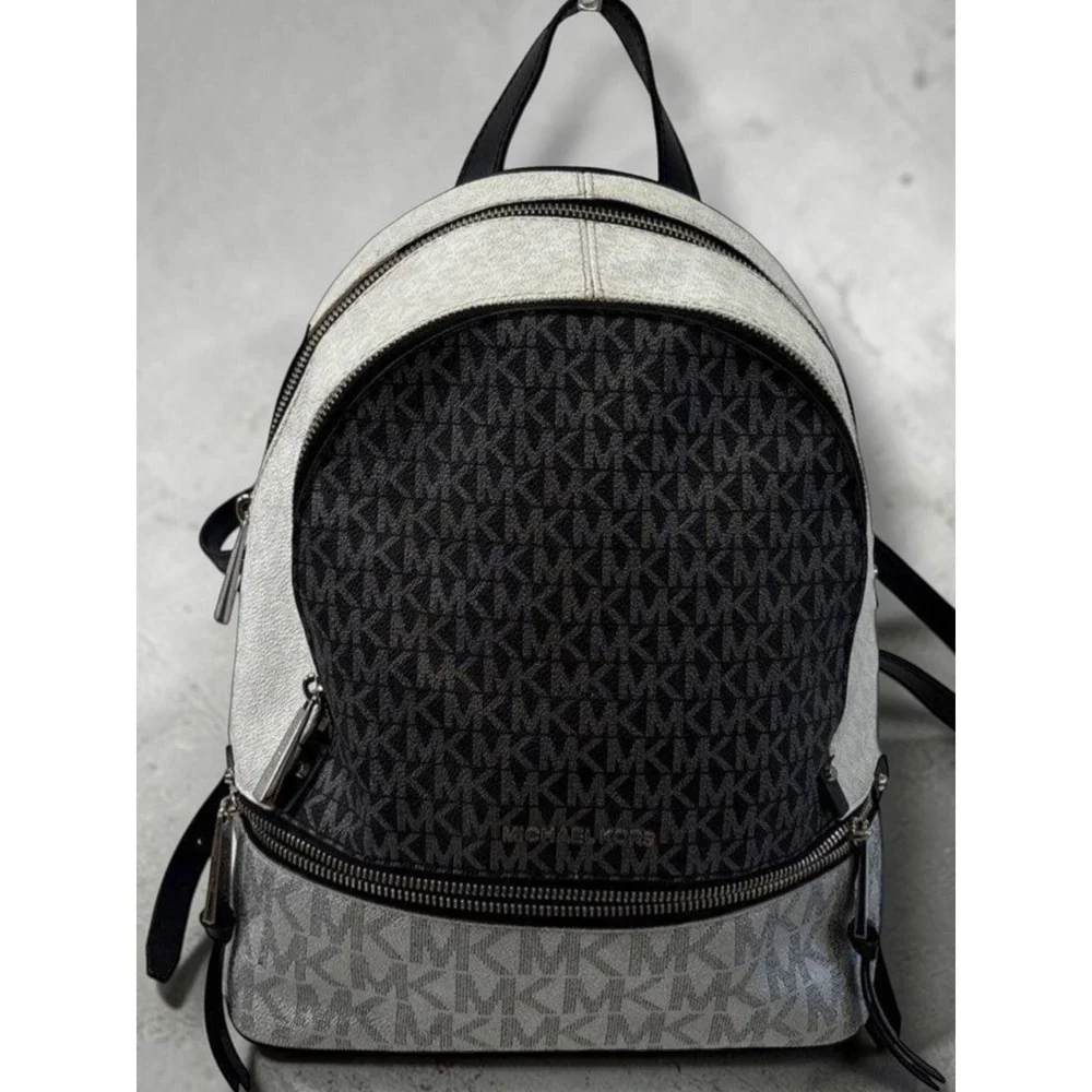 Michael Kors Rhea Medium Metallic MK Logo Backpack Silver Tone Zip Bag EUC